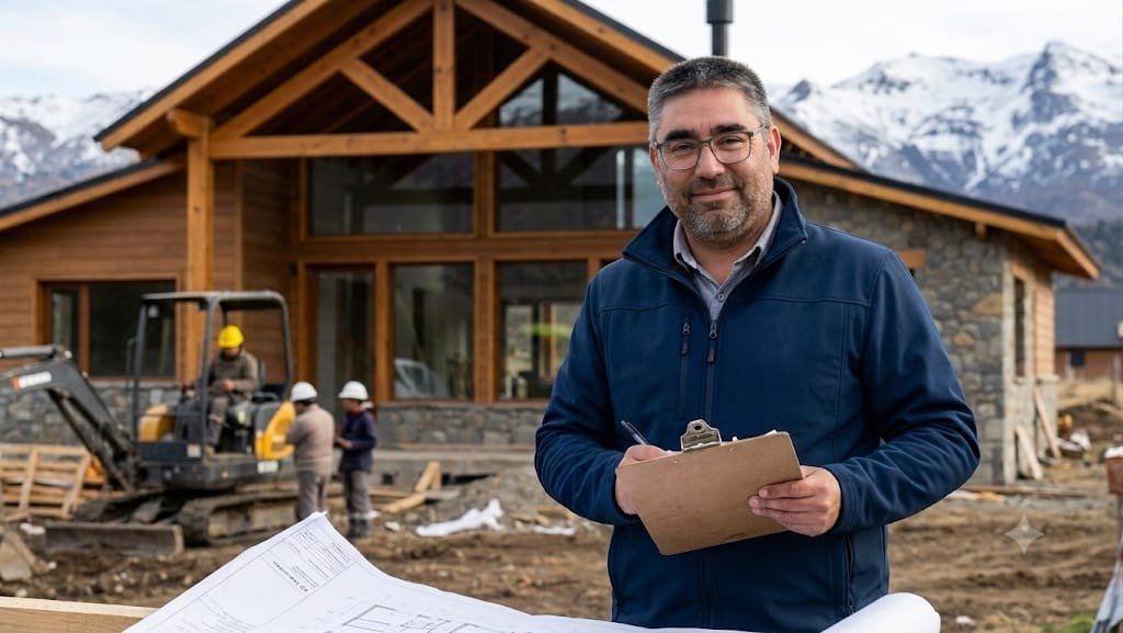 César Rojas, Socio Fundador de Rojas Construcciones S.A.S., supervisando obra en Esquel